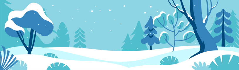 Vector illustration in trendy flat simple style - Merry  Christmas and Happy New Year greeting card and banner - winter landscape with trees