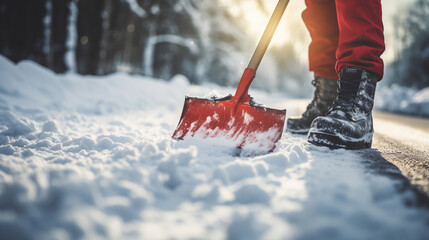 A person using a snow shovel to clear snow from a path after a winter storm. ai generative