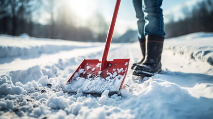 A person using a snow shovel to clear snow from a path after a winter storm. ai generative - obrazy, fototapety, plakaty