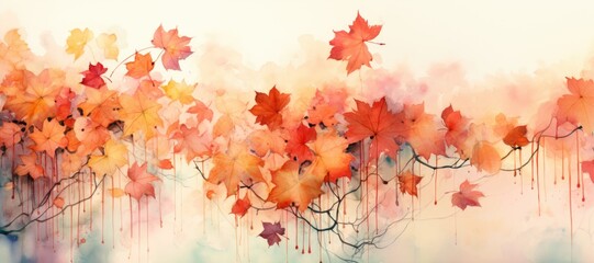 watercolor autumn background with orange seasonal leaves