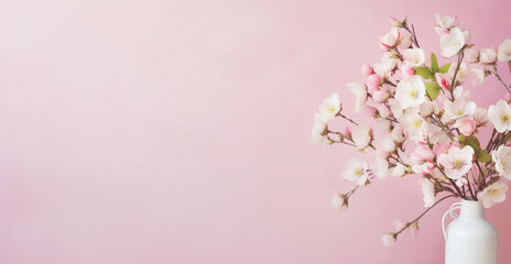 A few white and pink flowers on a pastel pink background. Place for text