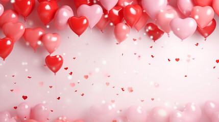 Pink heart shaped helium balloons on pink background. Foil air balloons on pastel pink background