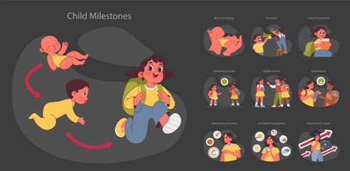 Child milestones set. Journey from infancy to career readiness. Birth and infancy, preschool, elementary, middle and high school stages. Life skills and career prep. Flat vector illustration