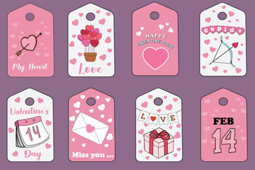Set of Valentines day tags and labels decorated with lettering quotes and doodles. Good for prints, cards, stickers, prints, giftware, etc. Vector illustration