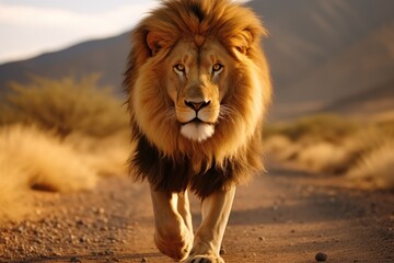 The lion king walking down the road. - obrazy, fototapety, plakaty