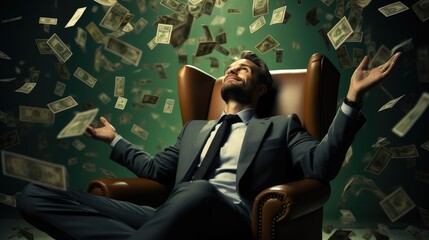A businessman sits contented with his arms outstretched on a green sofa, US dollar bills falling from the top. - obrazy, fototapety, plakaty