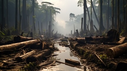 A illegal logging in the Amazon with fallen ancient trees.