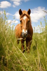 Horse grazing in a green field of summer serenity. Close-up of animal head outdoors