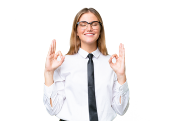 Young business caucasian woman over isolated background in zen pose