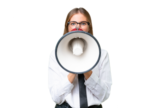 Young business caucasian woman over isolated background shouting through a megaphone
