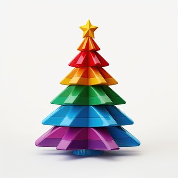 Whimsical colorful Christmas tree design. Gradient abstract xmas tree with star ornament. Bright and glossy rainbow Christmas tree illustration.