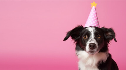  A whimsically charming dog adorned with a party hat, showcasing a delightful sense of humor in a festive setting