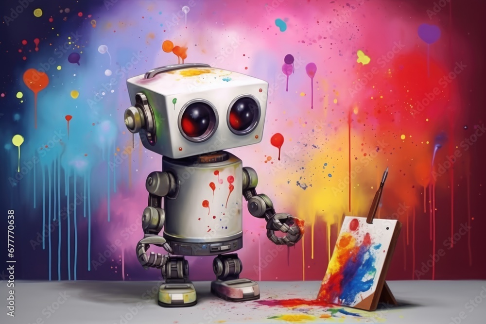 Poster concept of generative ai art technology, robot painting picture in studio. comeliness