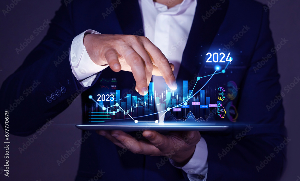 Poster businessman draw growth graph a year 2024 of business and data analysis. development to success in y