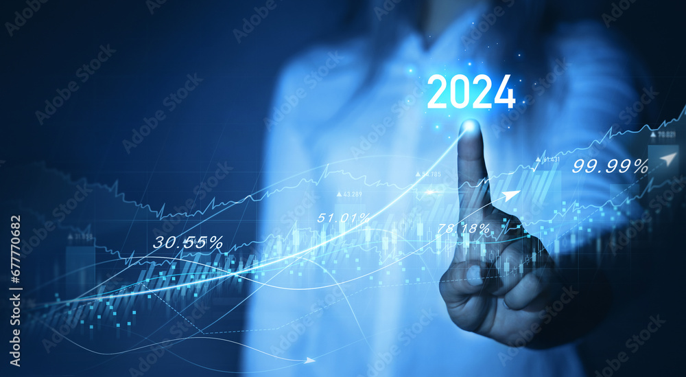 Poster businessman draw growth graph a year 2024 of business and data analysis. development to success in y