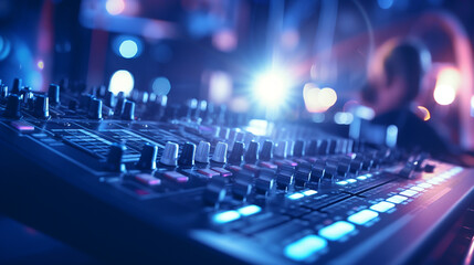 Digital sound mixer illuminates nightclub stage with blue lighting equipment. ai generative - obrazy, fototapety, plakaty