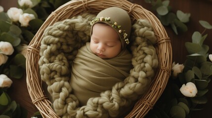 newborn baby in a green pistachio winding and a white bandage with a flower on his head sleeps sweetly in Wooden basket