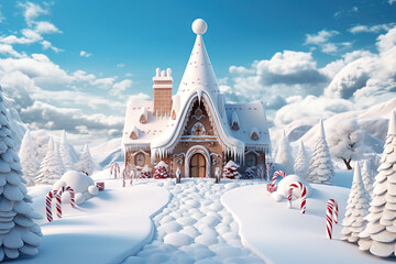 Christmas house in the forest with candies and winter holiday ornaments. Santa gingerbread house on the snow.