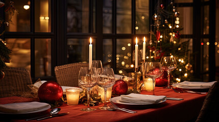 Fototapeta na wymiar Christmas dinner table setting in winter holidays room.