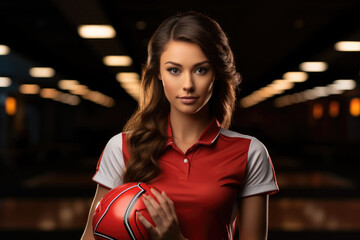 A female pro bowling athlete holding a bowling ball.