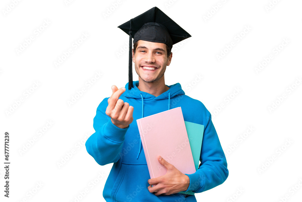 Wall mural Young university graduate man over isolated background making money gesture