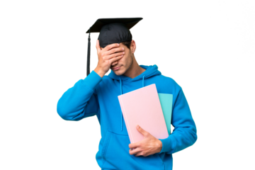 Young university graduate man over isolated background with tired and sick expression