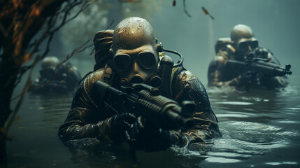 soldiers conduct a secret operation underwater. ai generative
