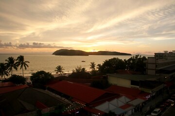 08/23/2023. Malaysia.Langkawi.Editorial illustrative. View of the archipelago of the Langkawi islands at sunset showing the infrastructure of the holiday destination.