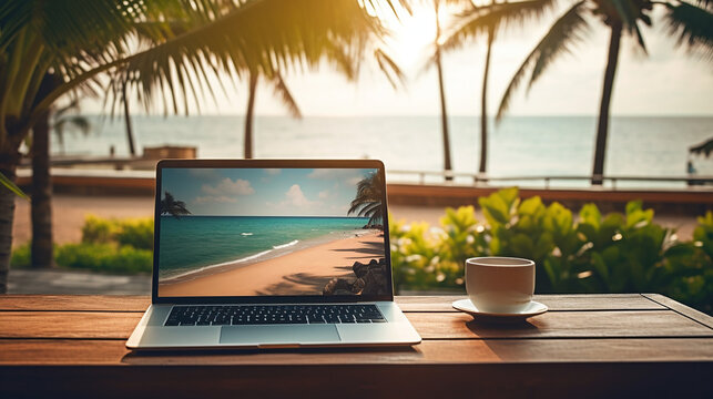 Laptop computer with coffee cup on wooden table on tropical beach background