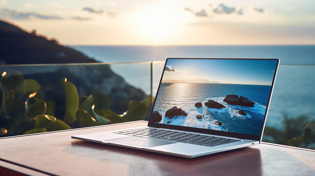 Laptop computer on the table with seascape and sunset background