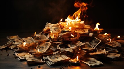 Money on fire background, Money on a dark background.
