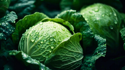Creative food concept. Fresh cabbage decorated with shiny seamless water drops. layout review. from above. flat lay - obrazy, fototapety, plakaty