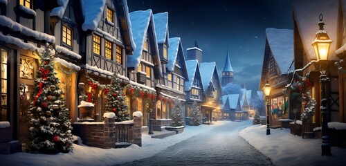 Fototapeta premium Snow-Covered Village Adorned with Twinkling Lights and Festive Decorations