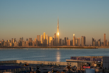 The Dubai financial district skyline with Burj Khalifa in the center point, and in the foreground...