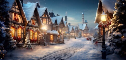 Fototapeta premium Snow-Covered Village Adorned with Twinkling Lights and Festive Decorations