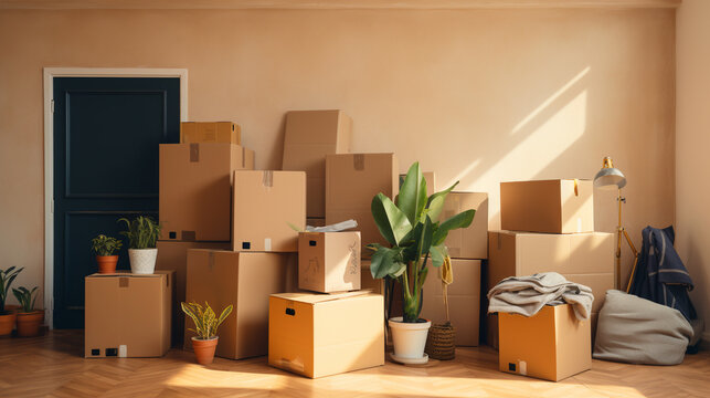 Relocation concept. Cardboard boxes and cleaning supplies for moving to a new home. ai generative