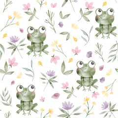 Watercolor seamless pattern with a cute green frog. A frog in a flower garden. Funny amphibian character. Illustration for postcards, posters. - obrazy, fototapety, plakaty