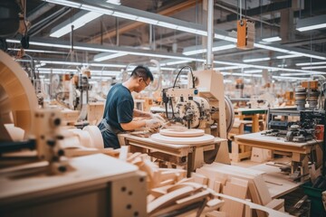 The workers in furniture factory are making customized furniture products with advanced equipment. - obrazy, fototapety, plakaty