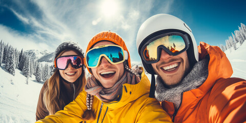 group of cheerful friends on winter vacation. in ski equipment at the resort. ai generative