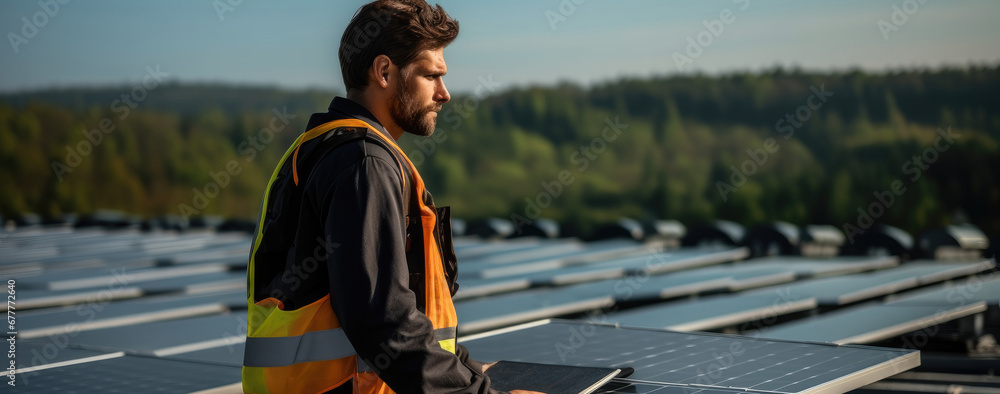 Poster engineer is checking on solar panels on the rooftop.