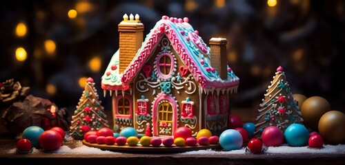Intricately Designed Gingerbread House Adorned with Colorful Candy and Frosting