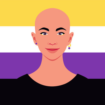 A portrait of a young nonbinary person. LGBTQIA. A pride flag. Vector flat illustration 