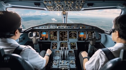 Cockpit of a modern private jet airplane. - obrazy, fototapety, plakaty