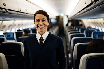 A confident and cheerful stewardess in uniform, ready to assist passengers on a journey inside an...
