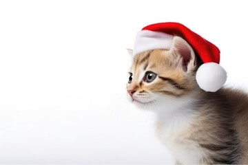 Adorable kitten in a Santa hat brings cute and festive charm to Christmas celebrations.