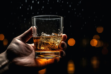 glass of whiskey on a black background. generative ai. advertising of alcoholic drinks.	