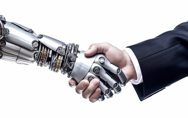 Handshake between human and robot, working together for success, Concept tech innovation, machine learning progress and partnership with future Artificial General Intelligence