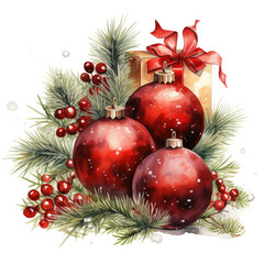 Obraz na płótnie Canvas Watercolor Christmas clipart. Wreath with a gift and Christmas balls. Merry Christmas and Happy New Year concept