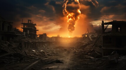 Fototapeta premium Bomb destroyed building and home, War, Destroyed City.
