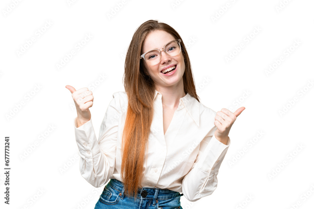 Poster Young pretty woman over isolated chroma key background with thumbs up gesture and smiling